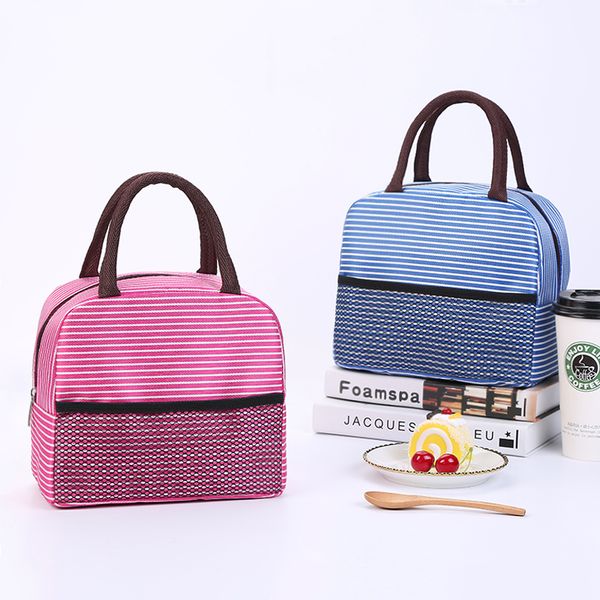 

puimentiua functional pattern cooler lunch box portable insulated canvas lunch bag thermal picnic bags for women kids, Blue;pink