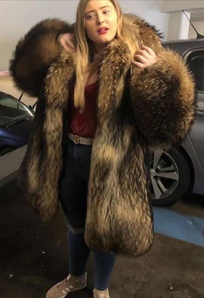 

arlenesain custom 2019 new design furry long coat brown raccoon fur women coat, Black