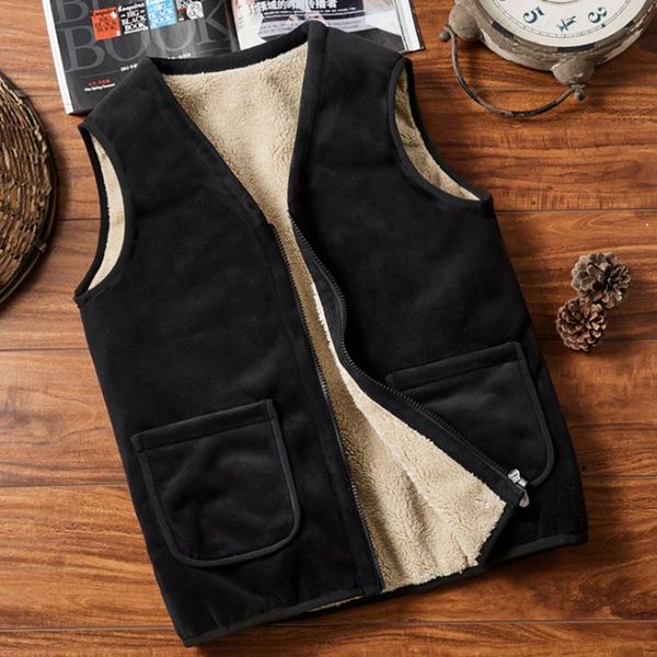 

men winter autumn plush warm sleeveless jacket faux fleece lined zipper up middle-aged vest casual thermal waistcoat 5xl, Black;white