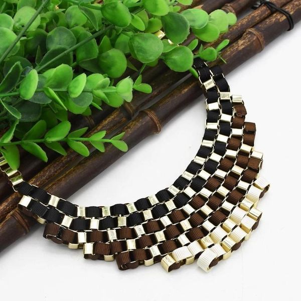 

new design big fashion choker noble multilayer colorful ribbon stripe weave necklace crystal statement necklace, Golden;silver