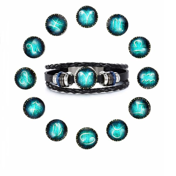 

fashion new simple twelve constellation couple bracelet retro woven beaded men and women leather bracelet sale, Golden;silver