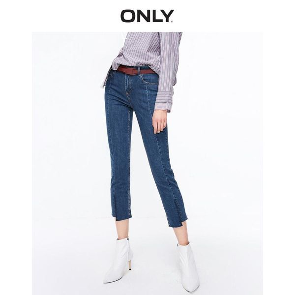 

only women's slim fit straight piled loop cuffs crop jeans | 119149586, Blue