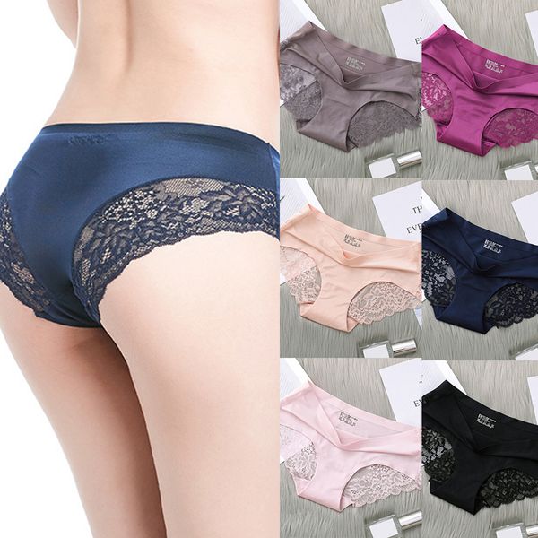 

new women panties ice silk seamless briefs lace briefs lingerie comfortable low waist underpants female intimates xxl, Black;pink