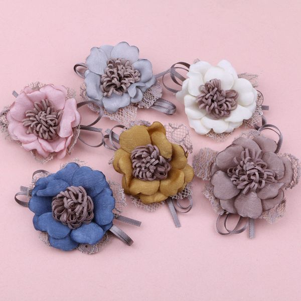 

floral patch stikers 10pcs handmade chiffon fabric hair jewelry bow center ornament accessories girl clip decoration 60mm, Golden;white
