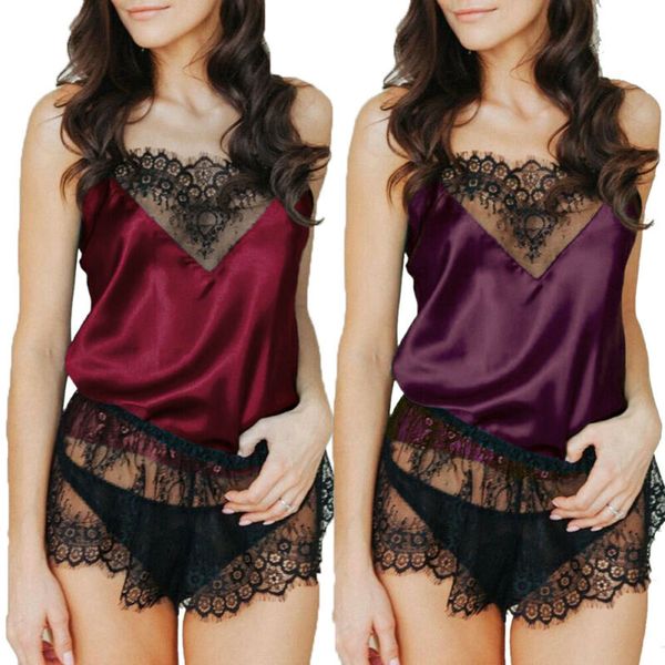 

2pcs women satin lace sleepwear babydoll lingerie nightdress pajamas set, White
