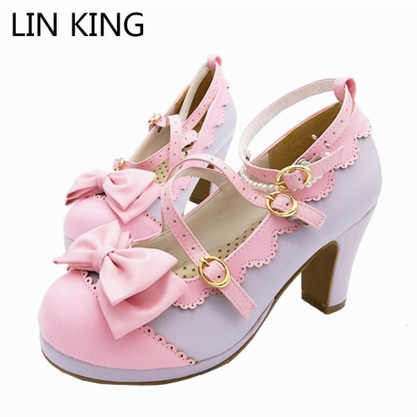 

lin king big size spring lolita girl candy color comfortable shoes bowtie cross straps waterproof high-heel cosplay women shoes t200525, Black