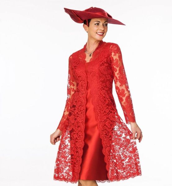 

2020 custom made red mother of the bride dresses with long sleeves lace jacket scoop neckline mother wear knee length evening dress, Black;red