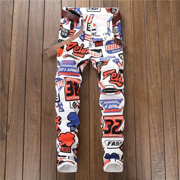 

европейский американский стиль мужские брюки джинсы прямые роскошные брюки окрашенный белый молния тощий карандаш брюки джинсы для мужчин, Blue