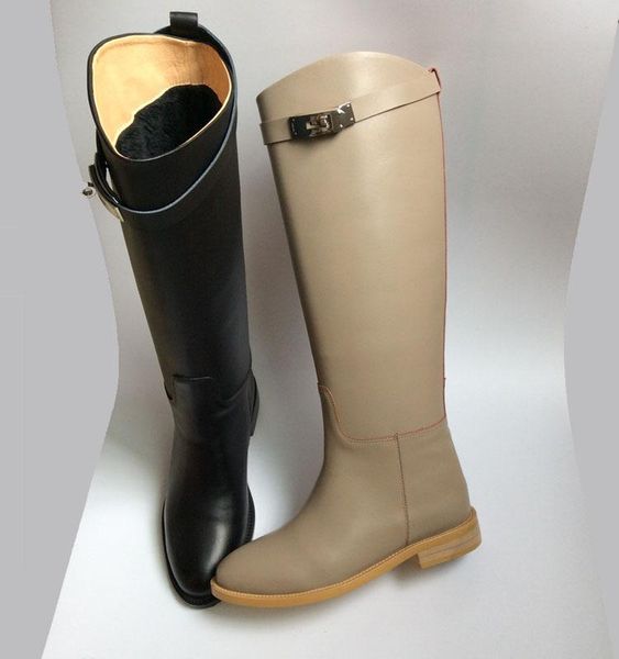 

u503 40/41/42 genuine leather buckle knee high boots h black grey luxury classic flat ridding celeb d55