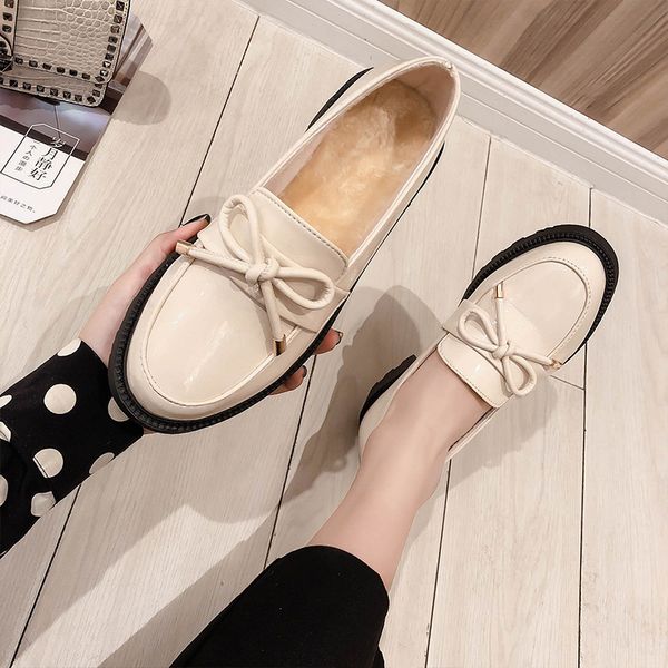 

casual woman shoe female shoes autumn women's heels bow-knot round toe oxfords soft loafers with fur british style dress fall, Black