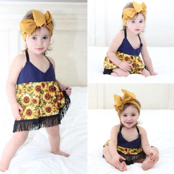 

summer toddler baby girl romper sunflower fringe dress outfits clothes, Blue