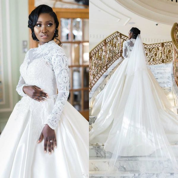 

2020 arabic plus size wedding dresses lace appliques high collar beaded bridal dress vestido de novia long sleeve wedding gowns, White