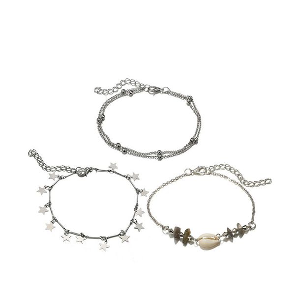 

qianraq geometric five-pointed star natural stone gravel shell conch ball beaded chain anklet three-piece, Black