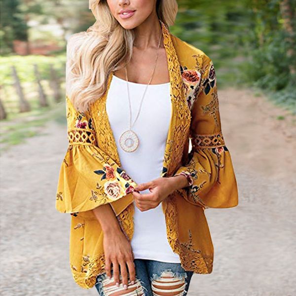 

wontive women yellow cardigan long sleeve female lace cardigan autumn patchwork floral lady kimono outwear, Black;brown