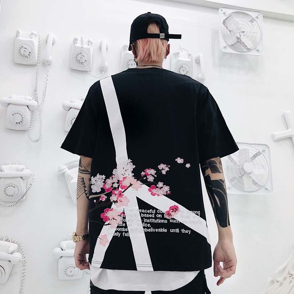 

2019 summer new anti-war embroidered floral lovers short-sleeved t-shirts men and women loose oversize cotton t shirt, White;black