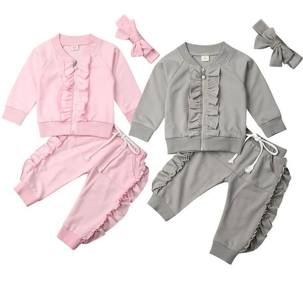 

toddler baby girl winter clothes sets 3pcs 1-6y solid ruffles zipper long sleeve coat +pants+headband outfits tracksuit, White