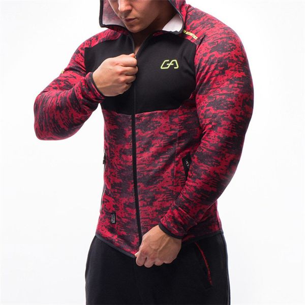 

men fitness bodybuilding camouflage sweatshirt hoodie gyms workout hooded zipper jacket male joggers sportswear brand clothing, Black