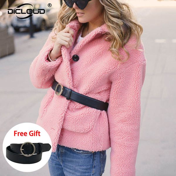 

gift belt styled up teddy bear jacket coat women 2019 autumn winter faux fur jackets coats thick warm outerwear overcoat, Black