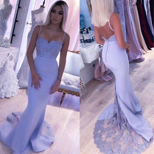 Cheap Lavender Lace Appliqued Mermaid Prom Dresses Spaghetti Satin Bainha Vestidos Longo Formal vestido de festa da dama de honra