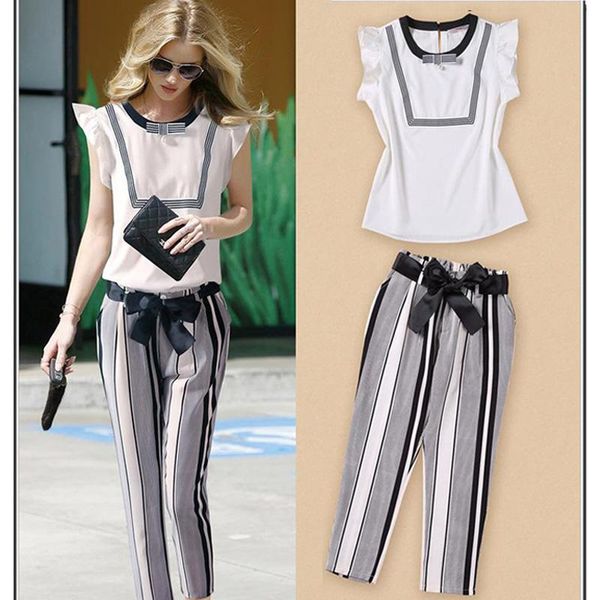 

new women clothing set spring summer suit striped casual shirt and pant set womens tracksuits 2 piece set with sashes female breathable, Gray