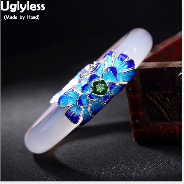 

uglyless s 925 sterling silver white chalcedony bangle vintage enamel lotus bangle for women elegant dress bijoux fine jewelry, Golden;silver