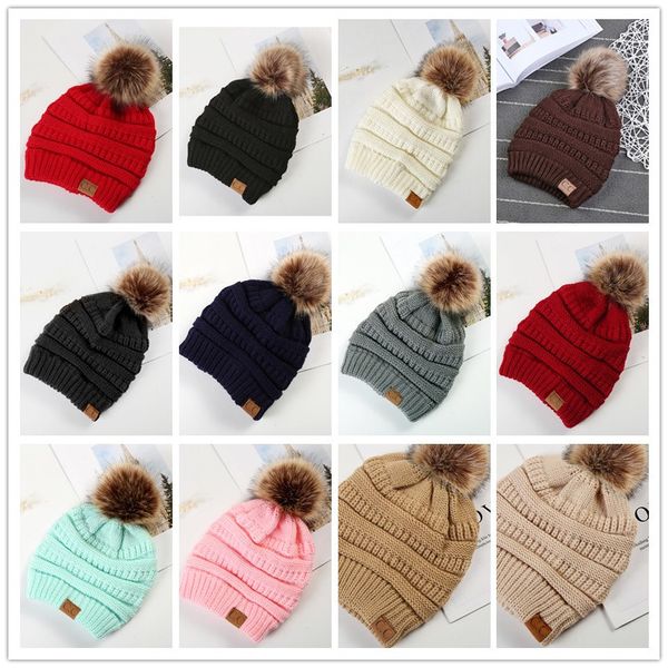 

Large ball winter wool warm women knitted cc hat fur pom pom crochet beanie ki cap bobble fleece cable louchy kull cap 12 color 100pc