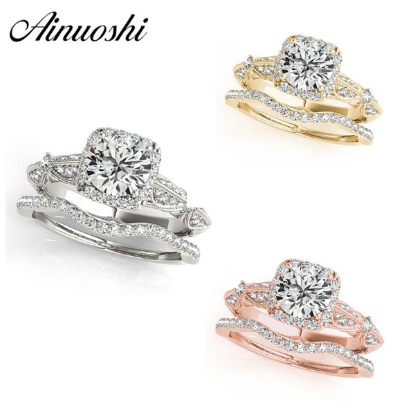 

ainuoshi 925 sterling silver square 1ct round cut halo rings women wedding engagement annversary silver rings party jewelry y200106, Slivery;golden
