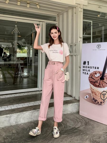 

mg small as easy directly cuffless trousers children 2019 white show lanky pants student high waist leisure time pants tide, Black