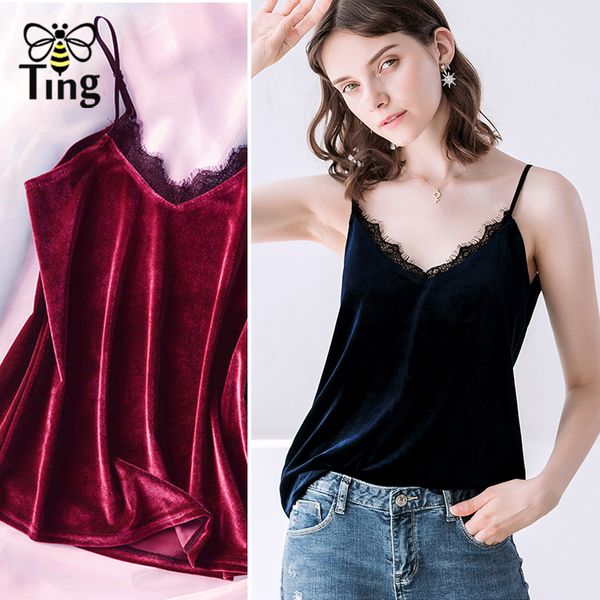 

tingfly classic basic lace patchwork velvet camis v neck adjustable strap casual velvet camisole summer women streetwear, White