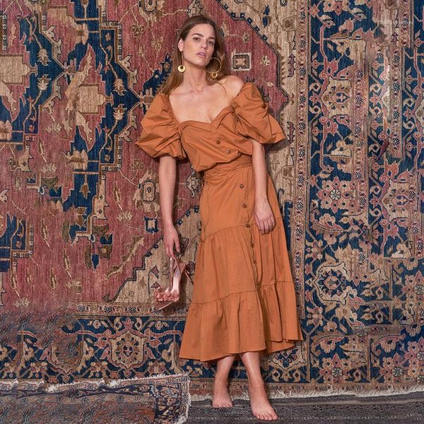 

casual solid color dress womens lantern sleeve v-neck dress summer retro orange waist button famale, Black;gray