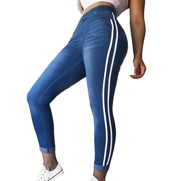 

women casual elastic waist stretch skinny jeans ladies pockets side striped webbing denim trousers slim feet pants leggings plus, Blue