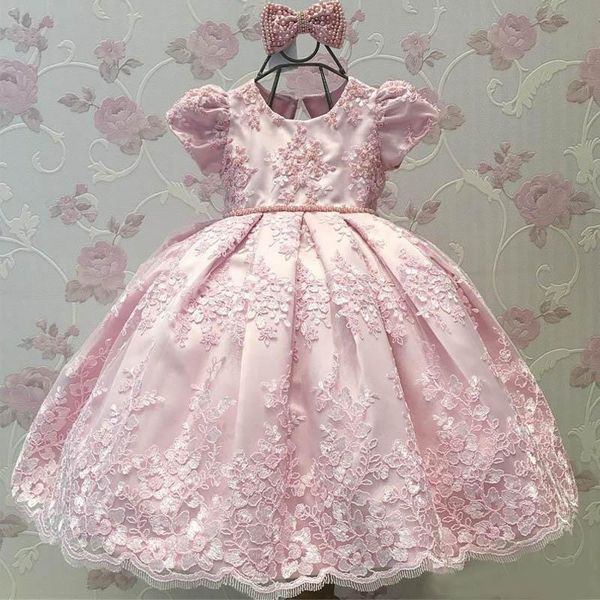 

pink lace flower girl dresses for weddings short sleeves backless little girls pageant dress with bow beaded communion gowns