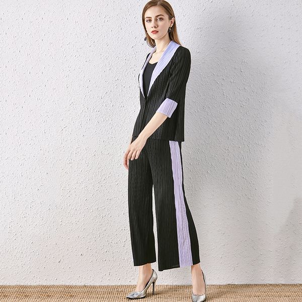 

pant suits women spring summer new miyake pleated simple striped patchwork notched collar single button jacket + wide leg pants, White