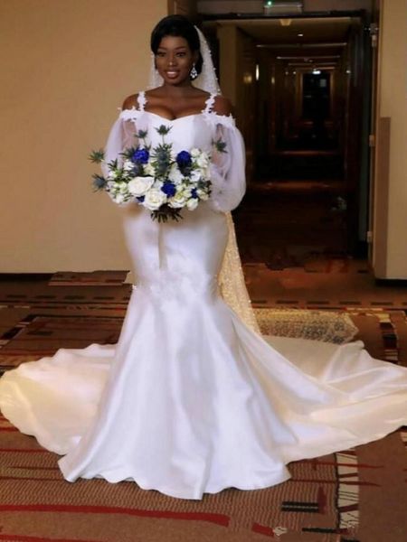 2020 New Black Girl Africano Manga Longa Muséu Vestidos de Noiva de Cetim Plus Size Bidal Vestidos Berta Sereia Vestidos de Casamento HochzésKleider