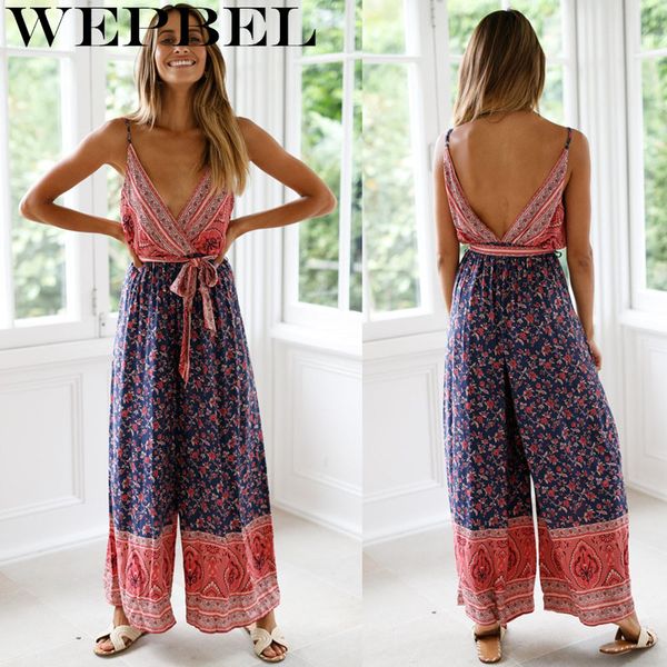 

wepbel women's floral printed wide leg rompers summer sling jumpsuit straps waist bandage playsuit, Black;white