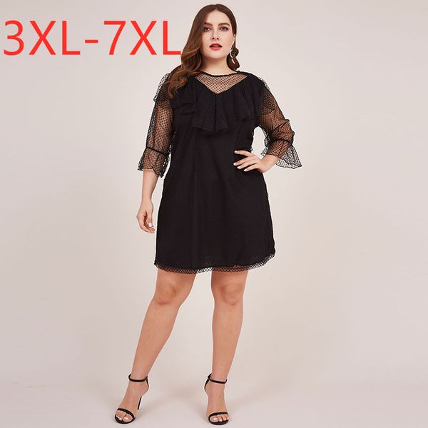 

new 2020 summer plus size dress for women large long sleeve loose casual black netting ruffle straight dress 3xl 4xl 5xl 6xl, Black;gray