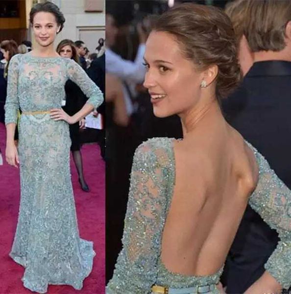 

2020 new arrival elie saab luxury beaded with belt and sequins long sleeves lace celebrity dresses prom dresses gown custom made, Black
