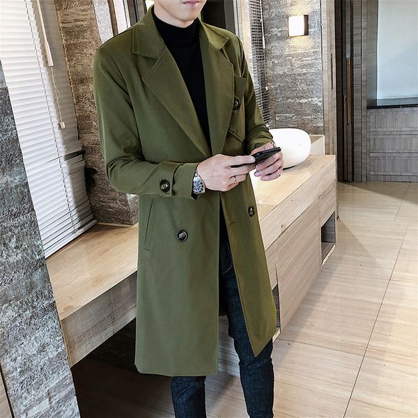 

осень джокер сплошной цвет лацкан ветровка мужской свободный пальто свободные пальто двойной brested длинный жакет slim fit зеленый, Tan;black