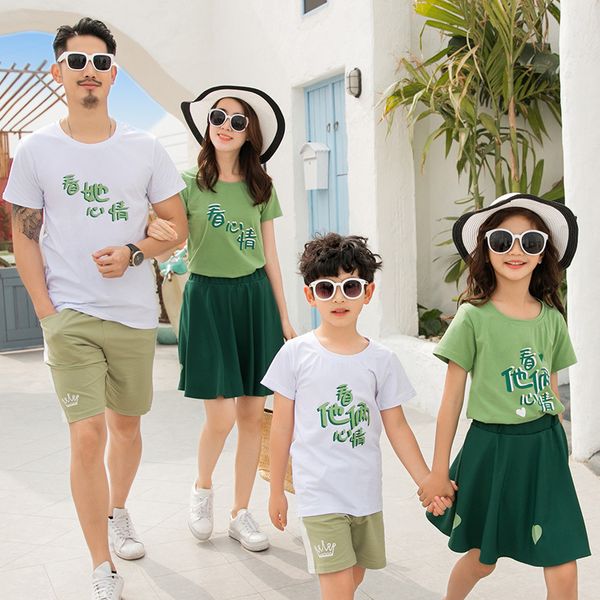 

2020 summer korean fashionable mother daughter short sleeve parents and children couple's summer t-shirt family clothes for three and f, Blue