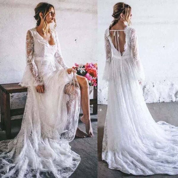 

2019 Designer Boho Beach Wedding Dresses Lace Flare Sleeves Bridal Gowns V Neck Backless Vestido De Noiva