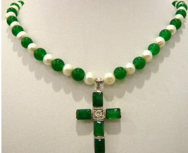 

blanco perla y verde natural jade cruz colgante collar, Silver