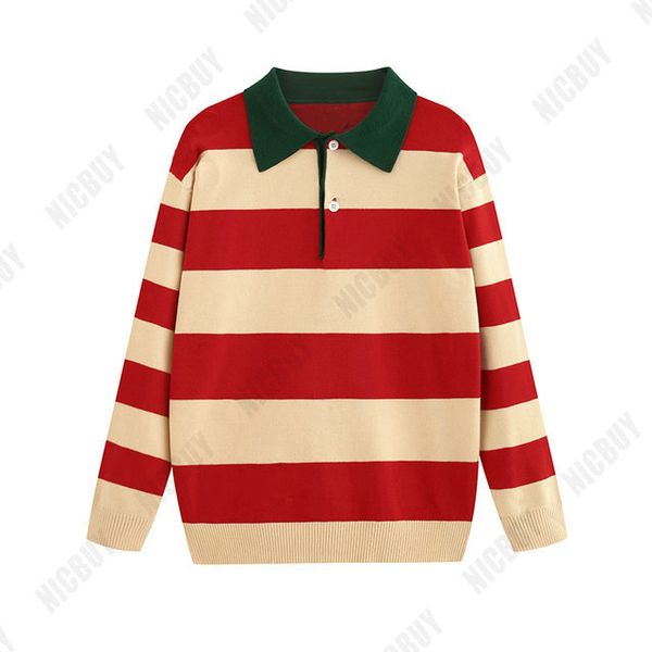 

fashion autumn designer brand mens clothing red green embroidery striped patchwork knitted turn-down collar loose classic woollen sweater, White;black