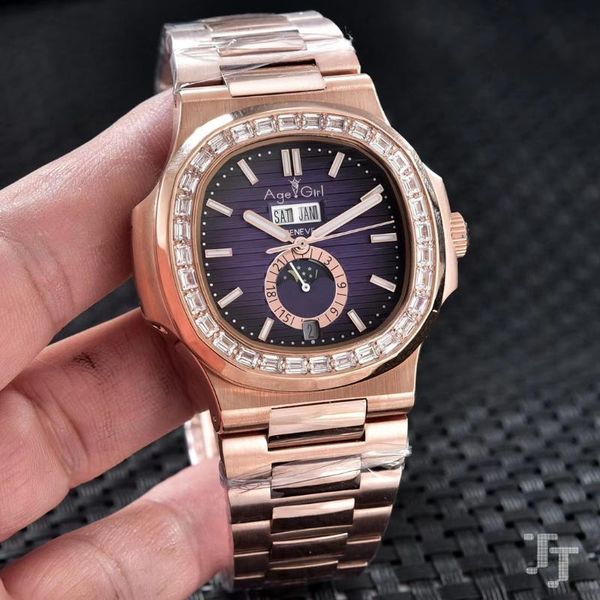 

new men automatic mechanical watch stainless steel moonphase daydate sapphire rose gold diamond dual time zone, Slivery;brown