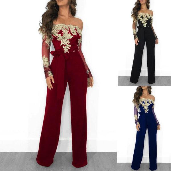 

lace up elegant overalls women vintage casual applique off shoulder jumpsuit wide leg romper bodysuit mono mujer#ss, Black;white