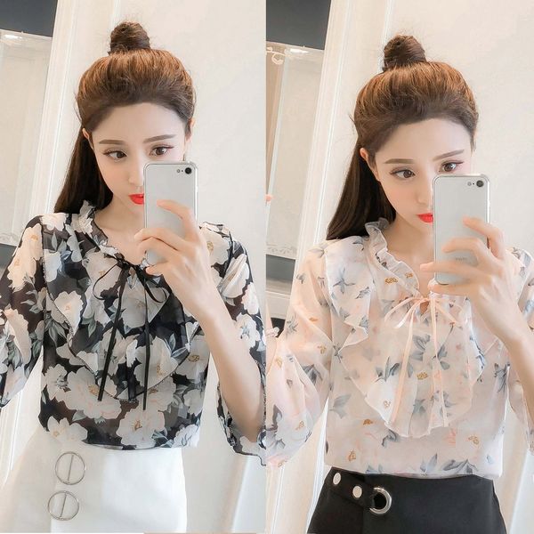 

women's collar ruffled cropped three quarter sleeve shirt spring and summer chiffon breathable printed fashion casual top, White