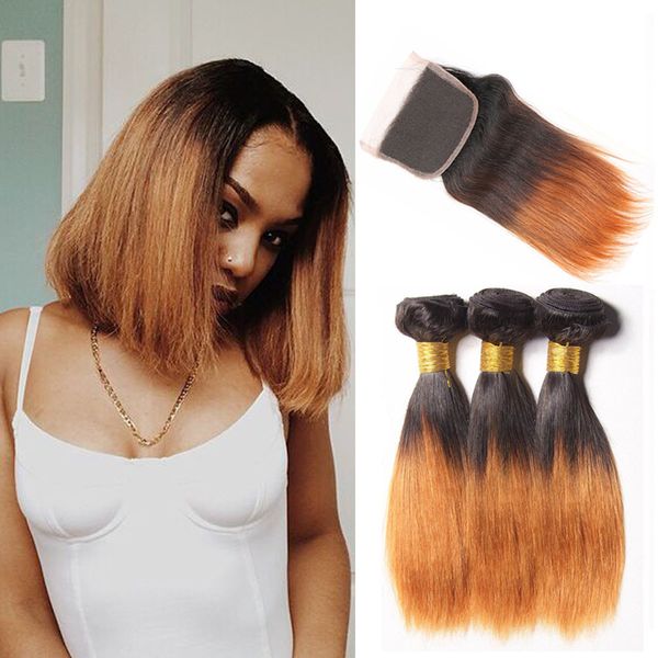 Ombre Brazilian Human Hair Bundles With Closure Two Tone Bob