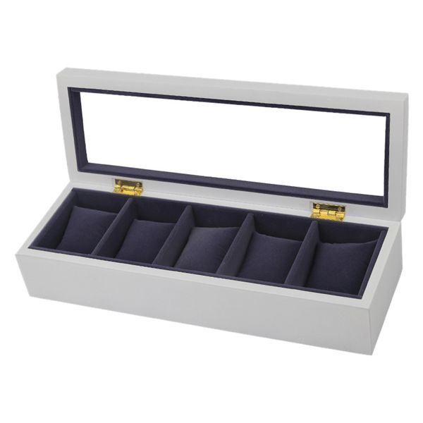 

white wooden 5 slot watch box black flannel small pillow pad display watch storage box, Black;blue