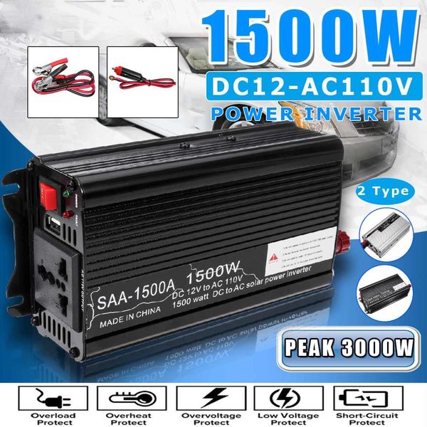 

efficient 1500w dc 12v to ac 110v usb car power inverter charger converter adapter dc12 to ac110 modified sine wave transformer