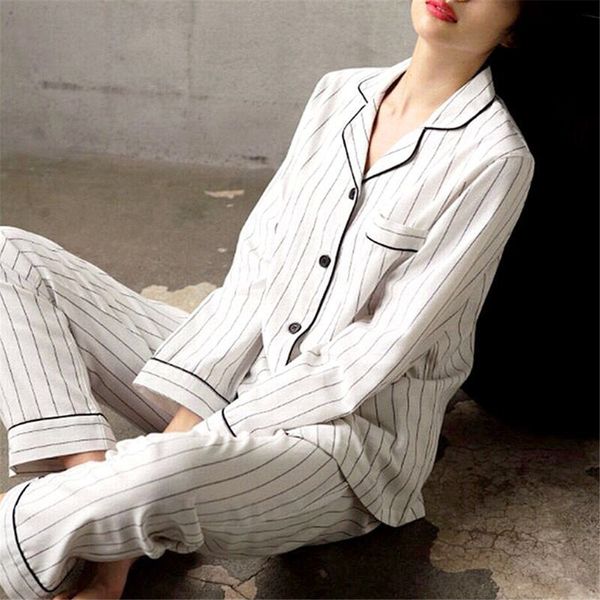 

women pajamas set white striped casual cotton long sleeve sleepwear suit 2 piece spring homewear lounge pant suit for women, Blue;gray