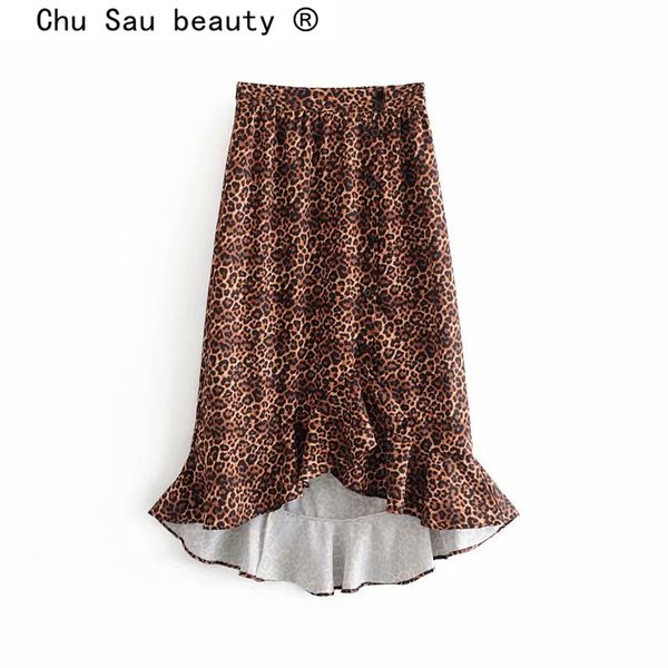 

chu sau beauty new fashion leopard print midi skirts women streetwear chic elastic waist irregularity skirt female falda de moda, Black